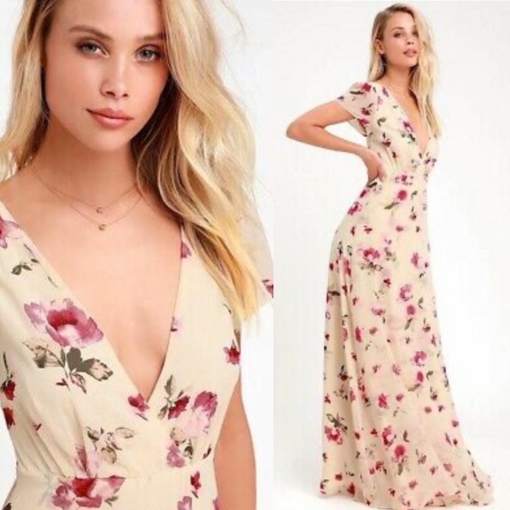 Lulu’s Gift of Love Cream Floral Print Short Sleeve Maxi Dress M